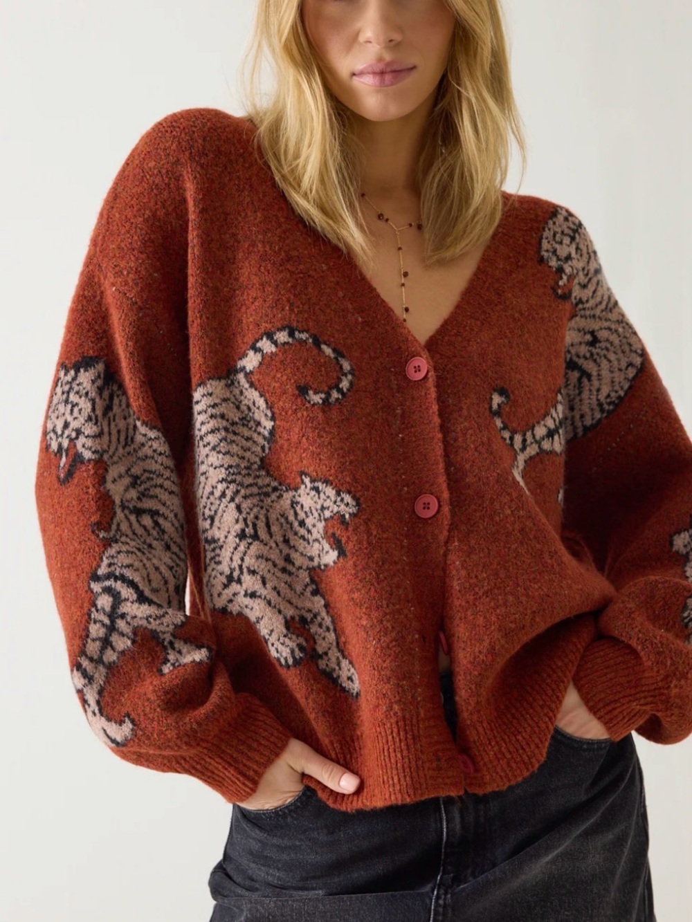 Altar'd State Rust Cardigan with Tiger Motif